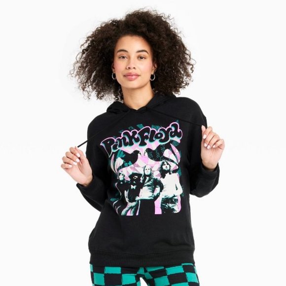 Pink Floyd Psychedelic Print Black Drawstring Band Hoodie - Picture 5 of 7